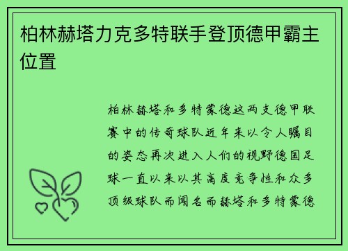 柏林赫塔力克多特联手登顶德甲霸主位置