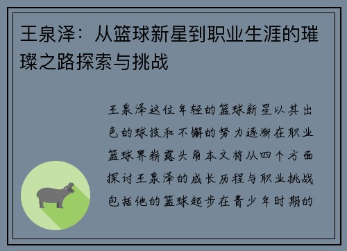 王泉泽：从篮球新星到职业生涯的璀璨之路探索与挑战
