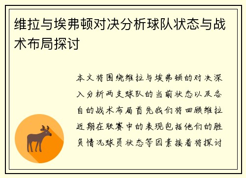 维拉与埃弗顿对决分析球队状态与战术布局探讨