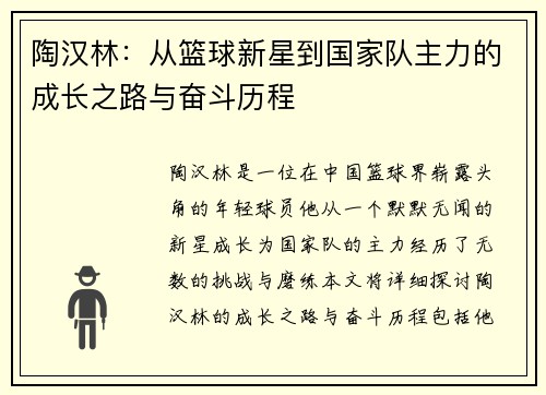 陶汉林：从篮球新星到国家队主力的成长之路与奋斗历程